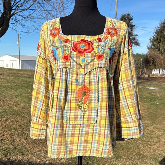 Sister Mary Tops - Sister Mary Yellow Blue Plaid Floral Embroidery BoHo 3/4 Sleeves Tunic Blouse Lg